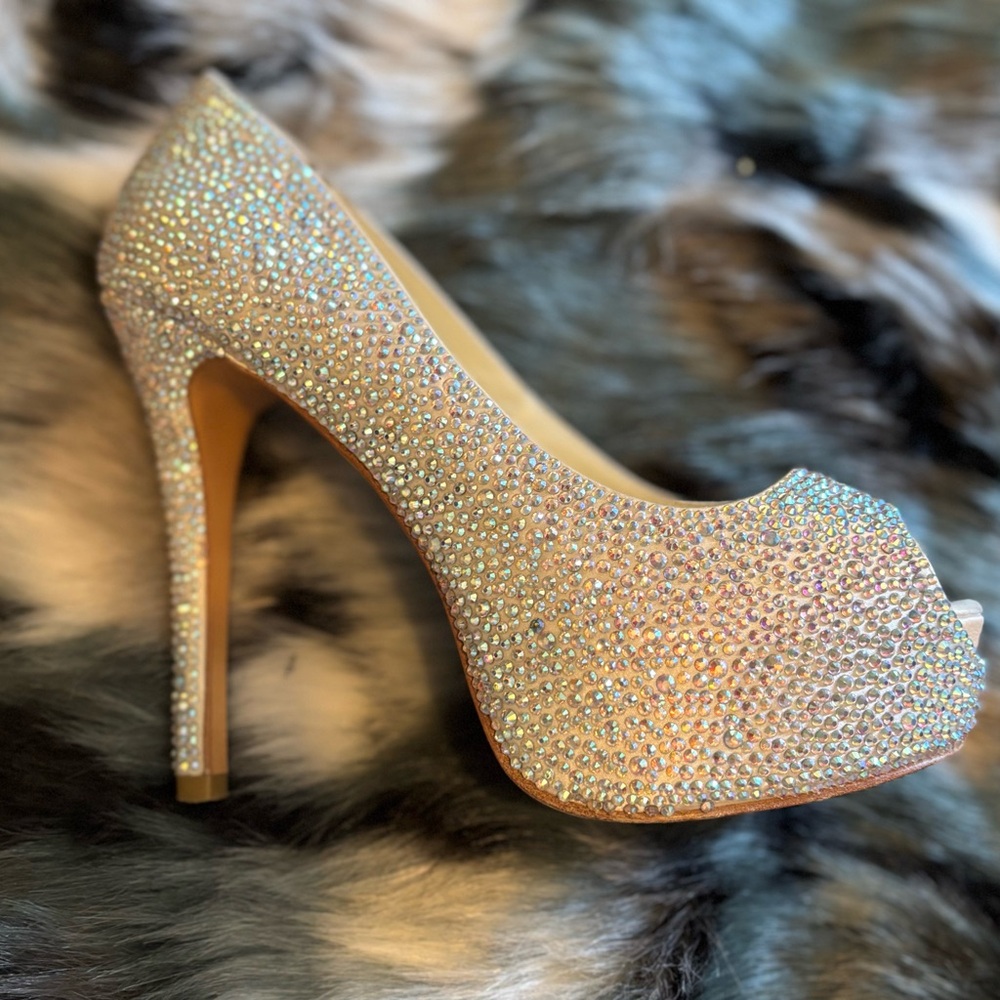 Benjamin Adam’s Elegant Rhinestone Peep-Toe Heels - Size 7.5M